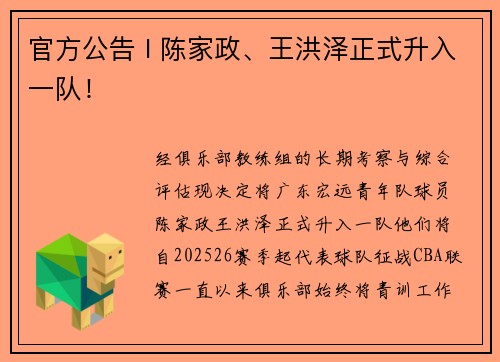 官方公告 I 陈家政、王洪泽正式升入一队！